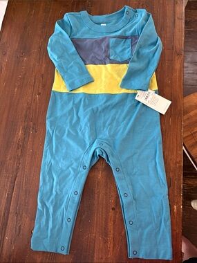 Tea Collection Teal One-Piece with Yellow Stripe and Navy Pocket